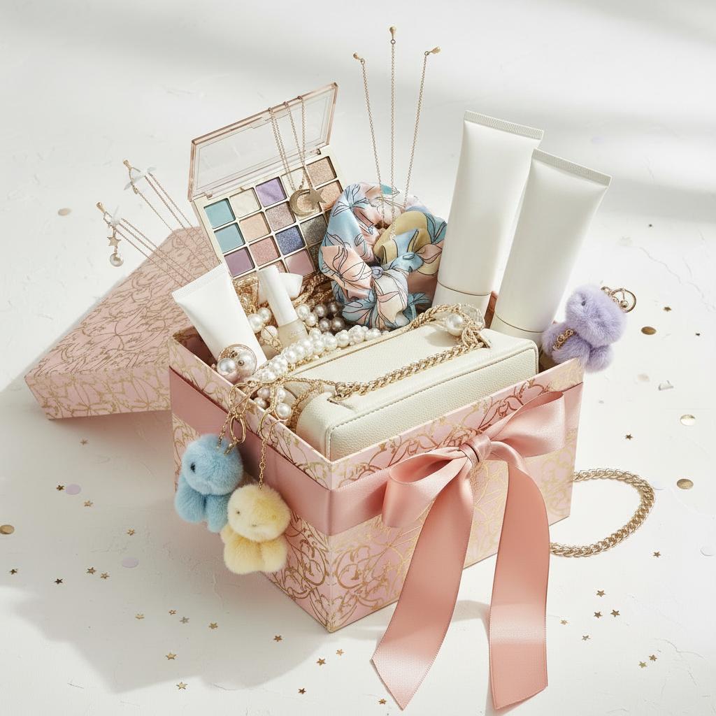 Gift box with beauty products and accessories on a white background